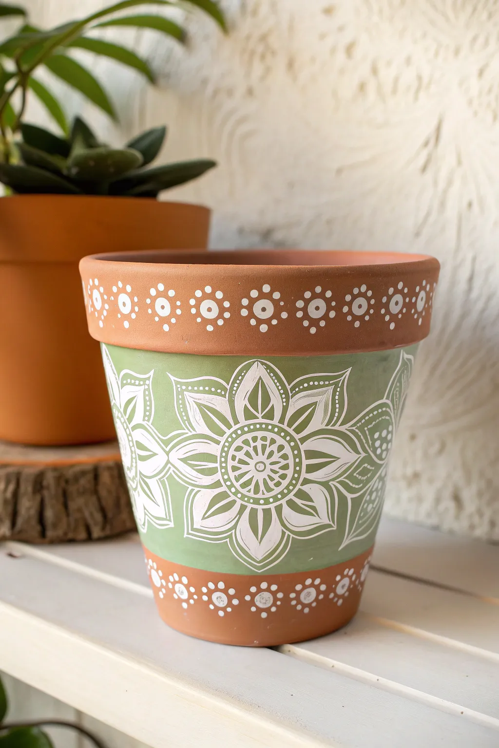 Mandala rim detail turns a simple terracotta pot into a chic boutique accent, minimalist and boho.