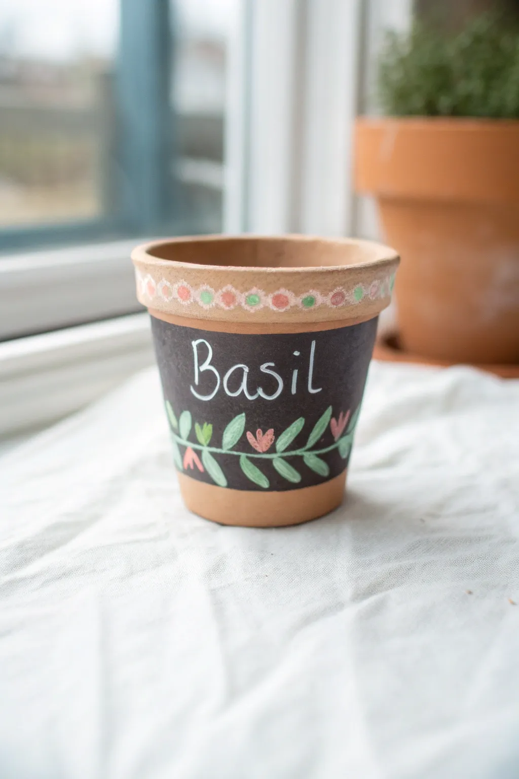 A cute kid-painted herb pot with a chalkboard label and soft boho border, simple and bright.