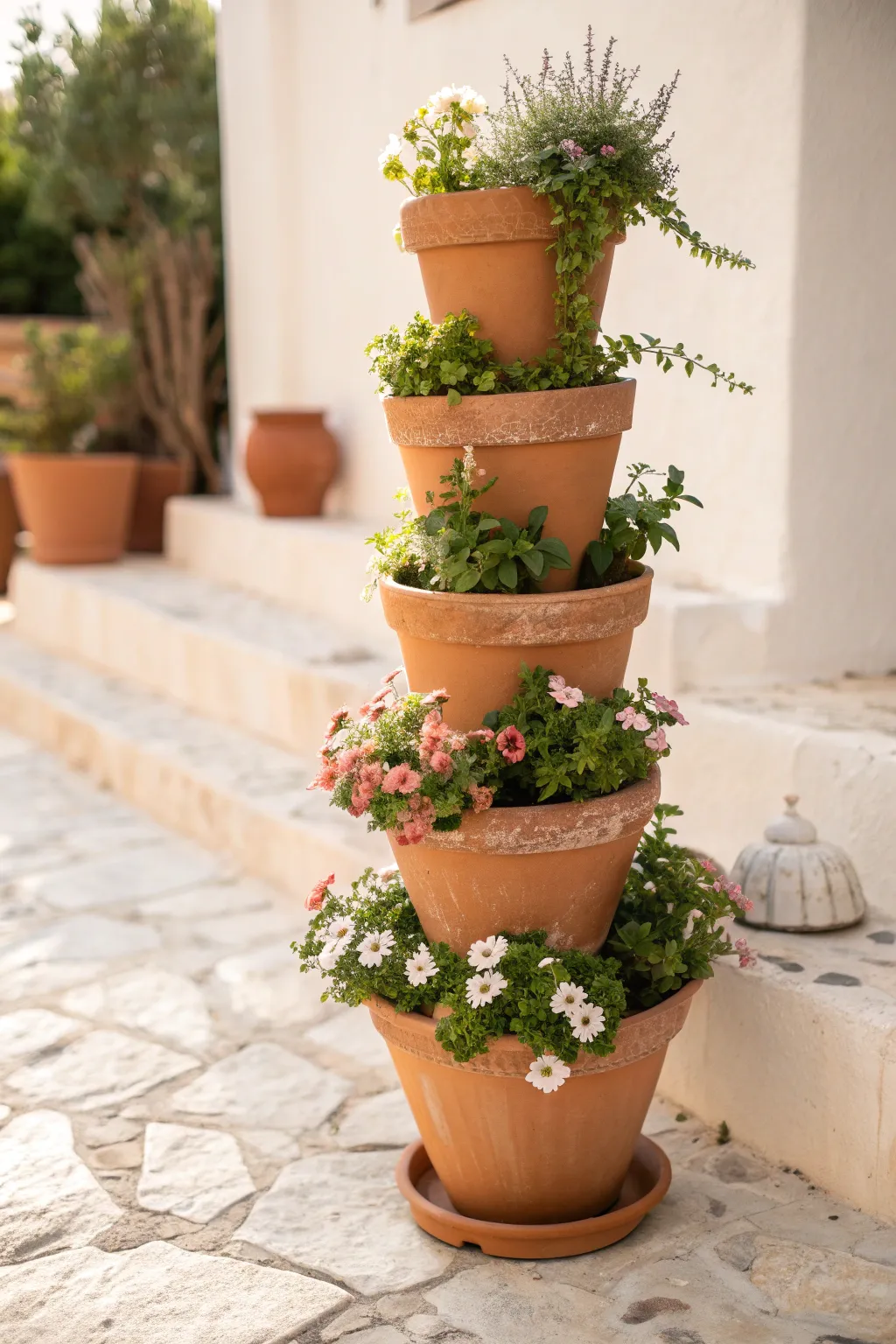 Simple tiered terracotta planter tower with pastel blooms and trailing greens for a cozy patio