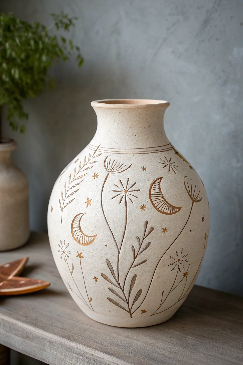 Minimal matte vase with sgraffito moons and botanicals, revealing warm clay beneath.