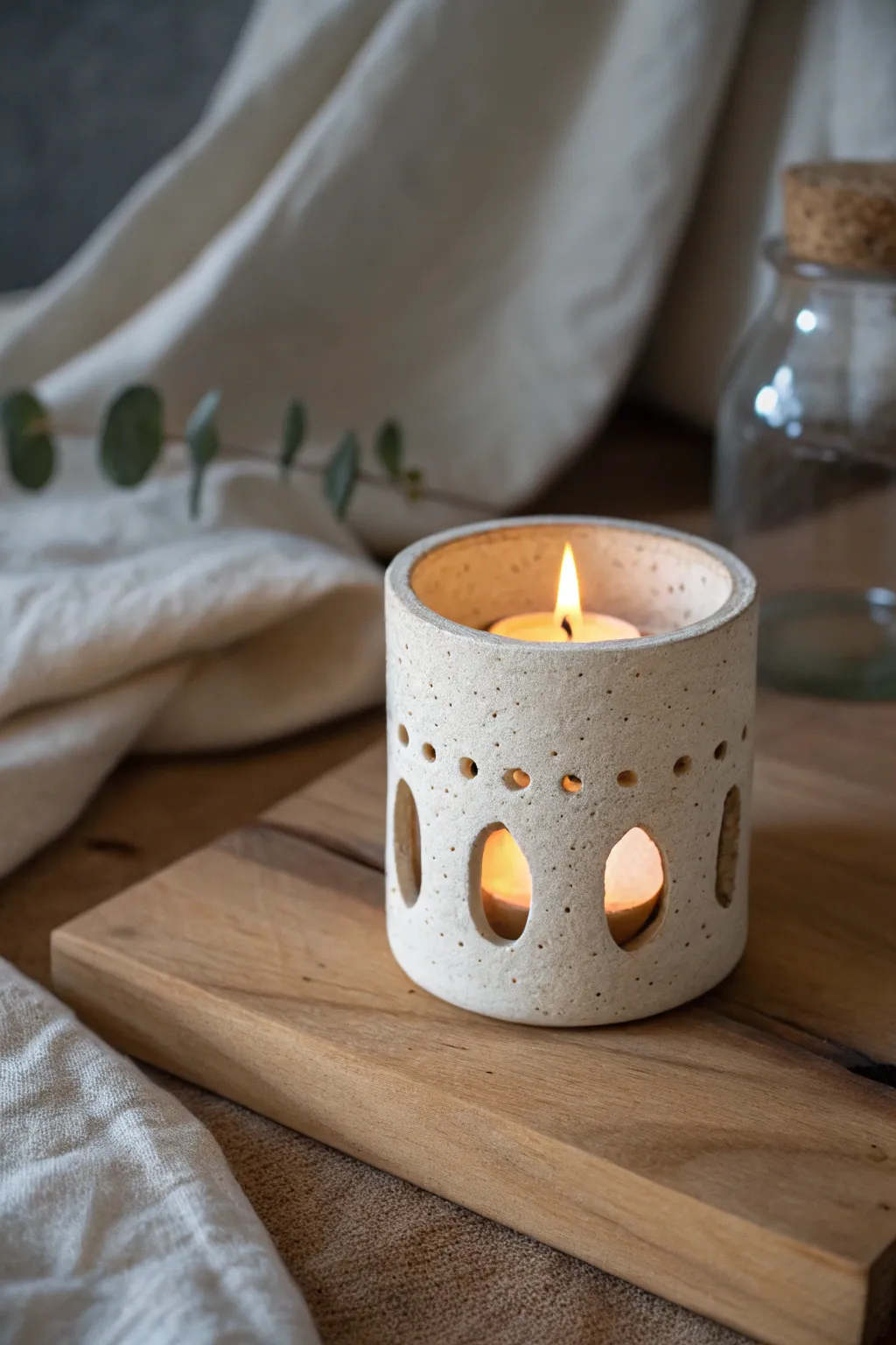 Simple cutout clay tea light holder glowing softly for a cozy minimalist boho corner