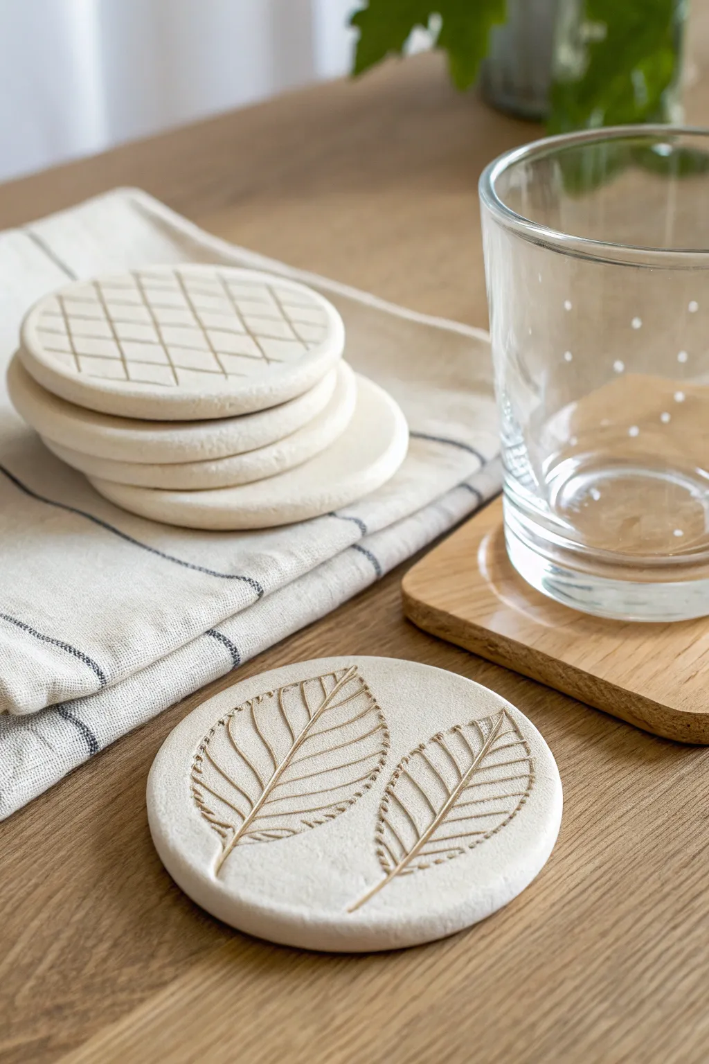 Beginner-friendly textured clay coasters, stacked with a simple glass for cozy minimal style