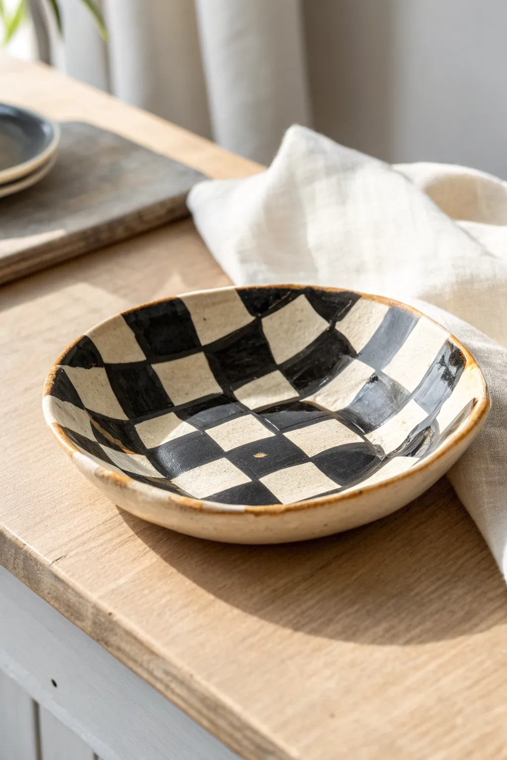 Bold black-and-cream checkerboard trinket dish with minimalist, handmade Scandinavian charm.
