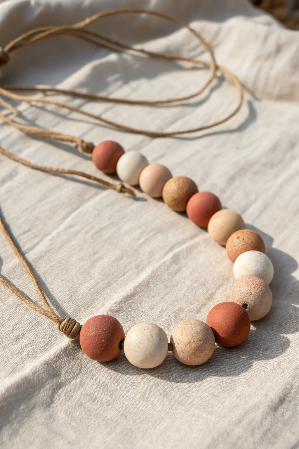 Neutral clay bead necklace in warm sand tones, simple, handmade, and perfectly minimalist boho.