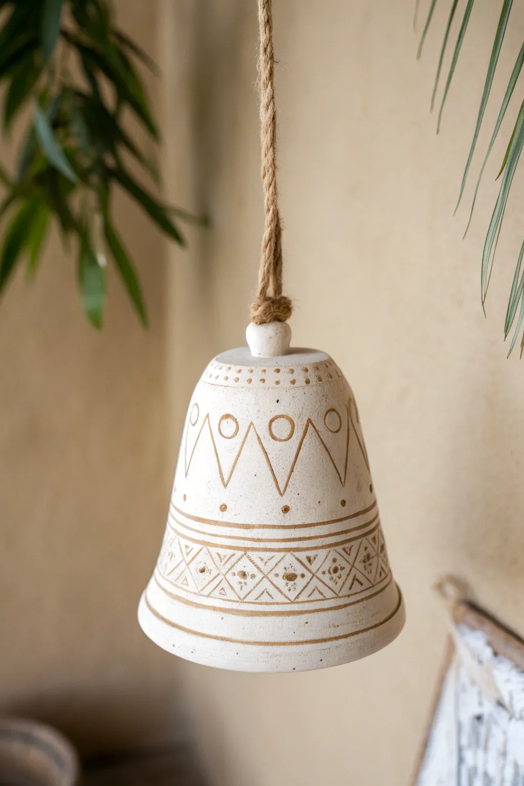 Minimal sgraffito clay bell on a linen cord, a high school friendly project with artisan charm.
