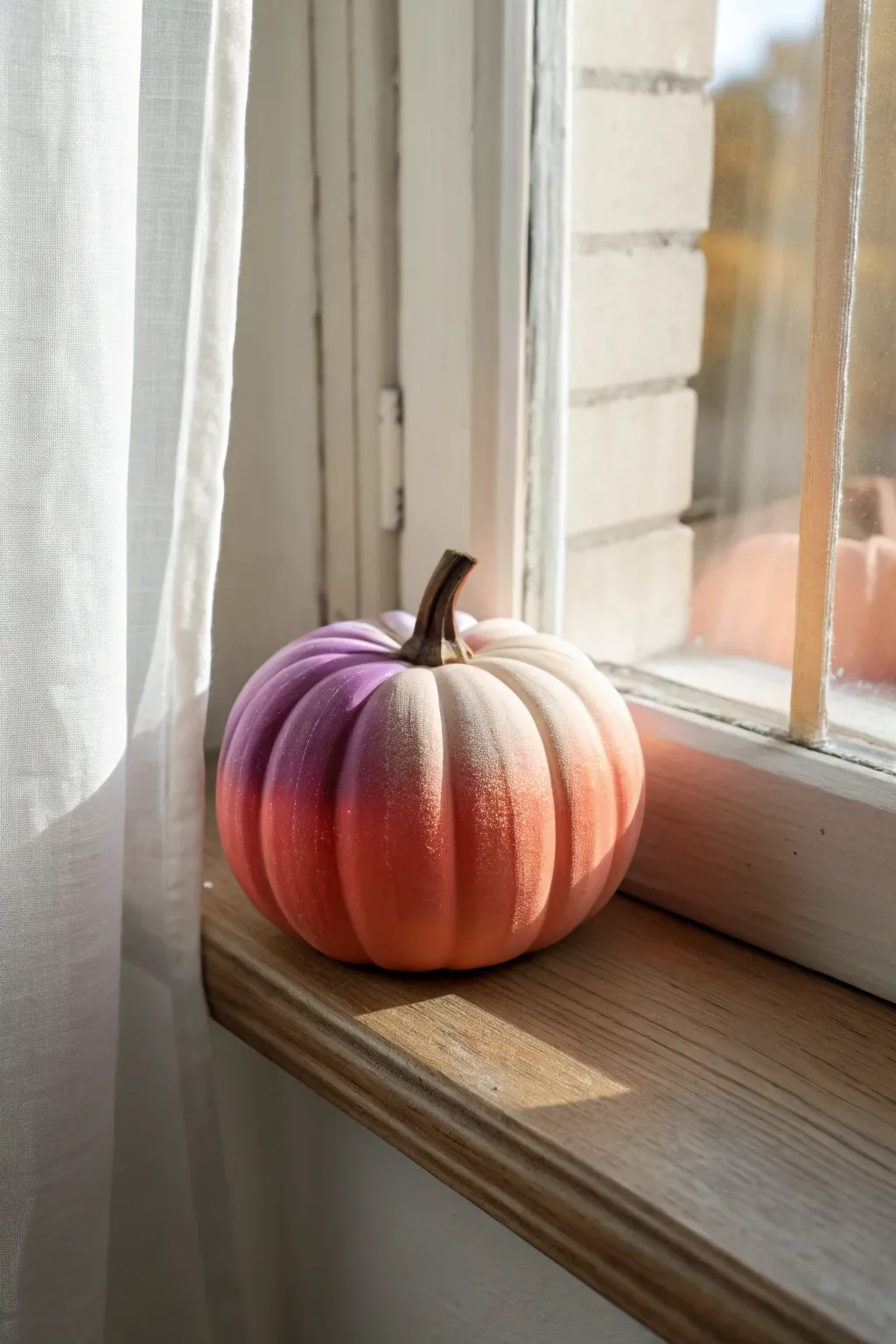 Peach to plum ombre clay pumpkin, softly lit by a window for a warm sunset fade