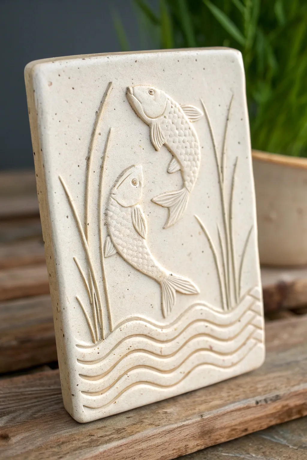 Minimal pond relief tile with two fish silhouettes, carved reeds and ripples in calm neutral clay.