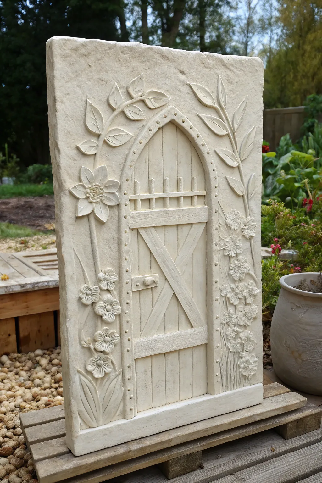 Cottage garden gate clay relief slab with soft shadows, clean border, and minimalist boho charm
