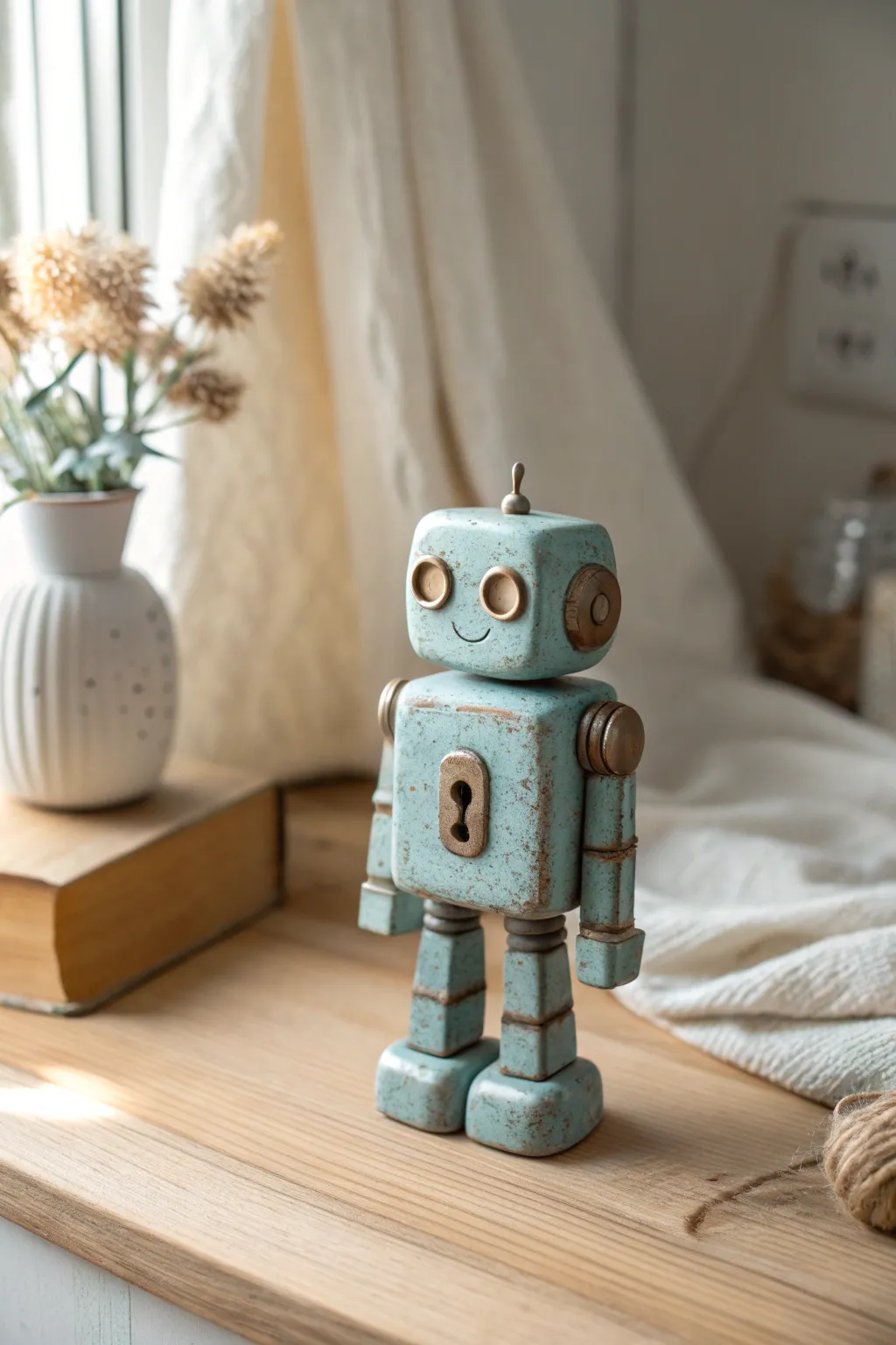 Whimsical clay robot with a keyhole chest, styled in soft vintage tones on a clean table.
