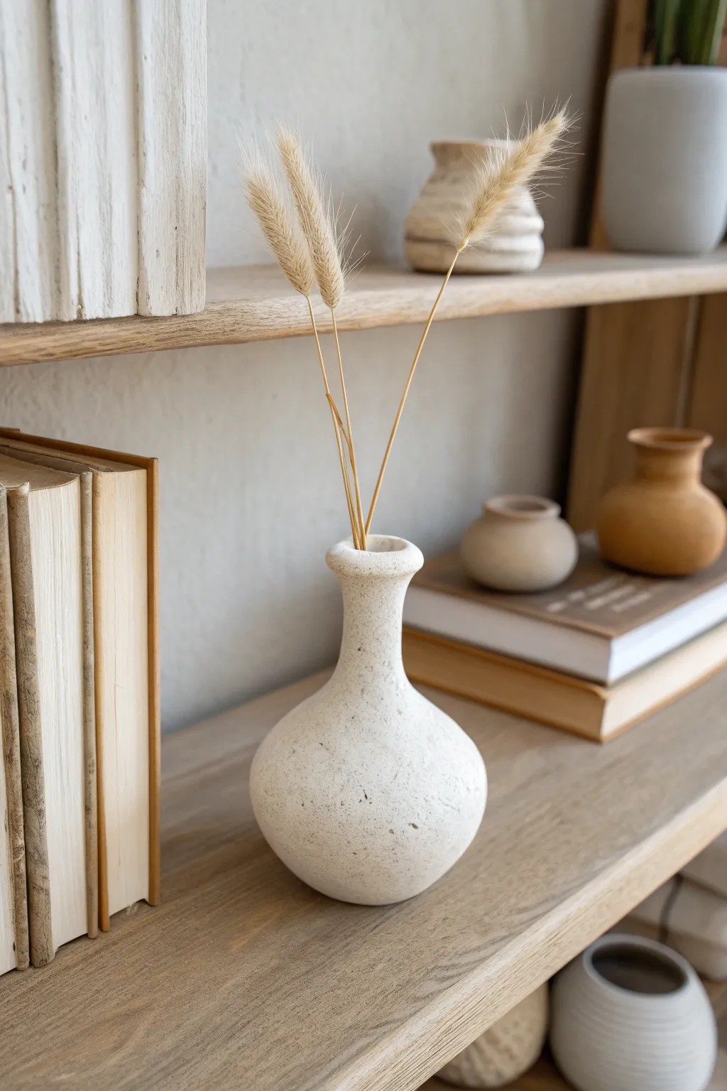 Petite air-dry clay bud vases add calm, neutral shelf styling with a single dried stem.