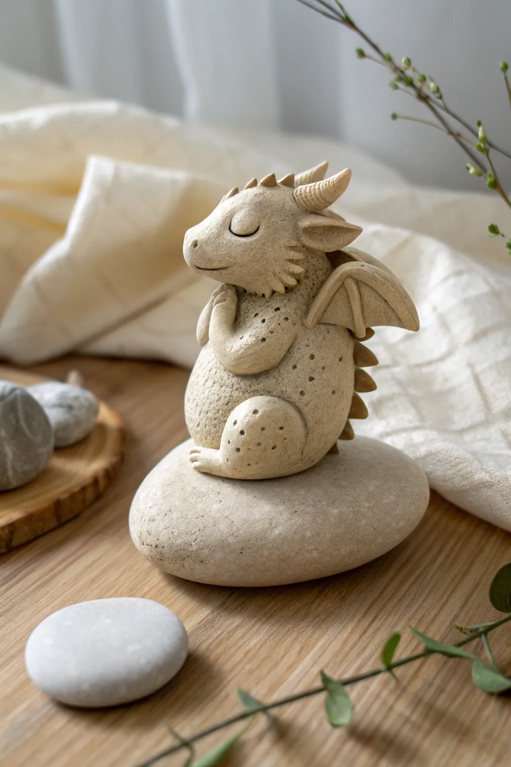 Pocket-size clay dragon with simple scales, curled protectively around a tiny pebble treasure