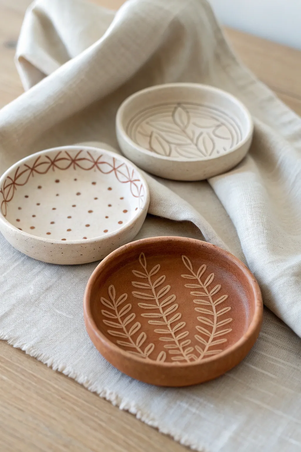 Stamp-pattern mini dish trio in warm earthy tones, simple shapes, and cozy minimalist styling