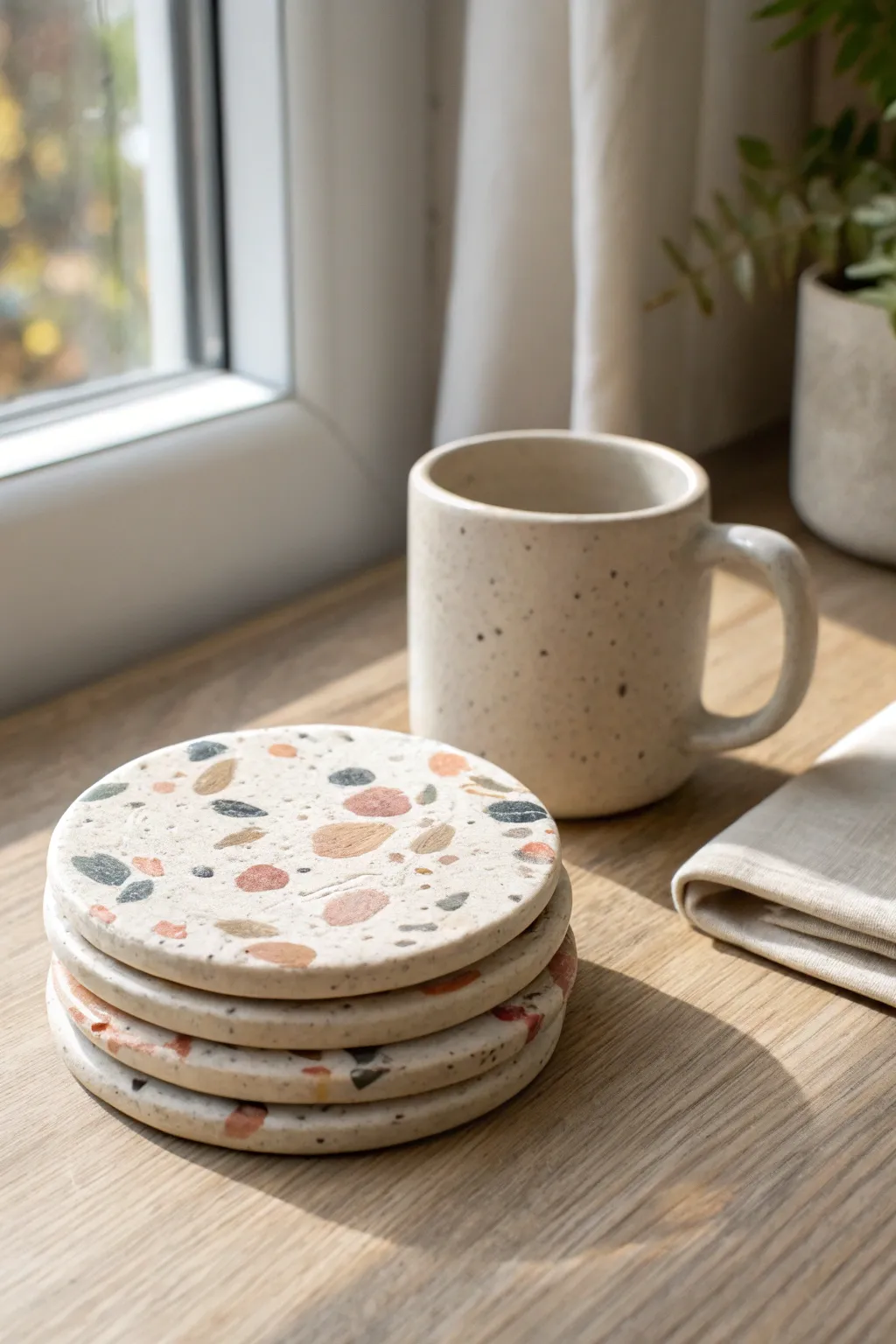 Minimal terrazzo clay coasters stacked with a cozy mug, a simple handmade gift with modern charm