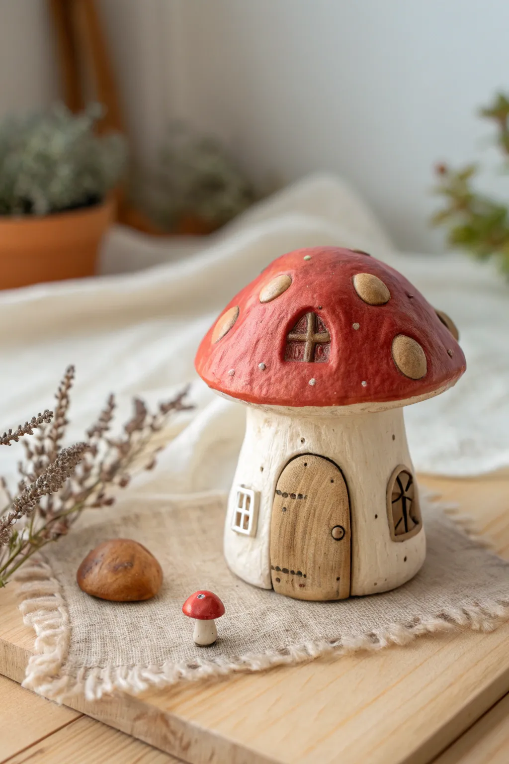 Cottagecore mini mushroom house in earthy reds and creams, styled simply on warm wood