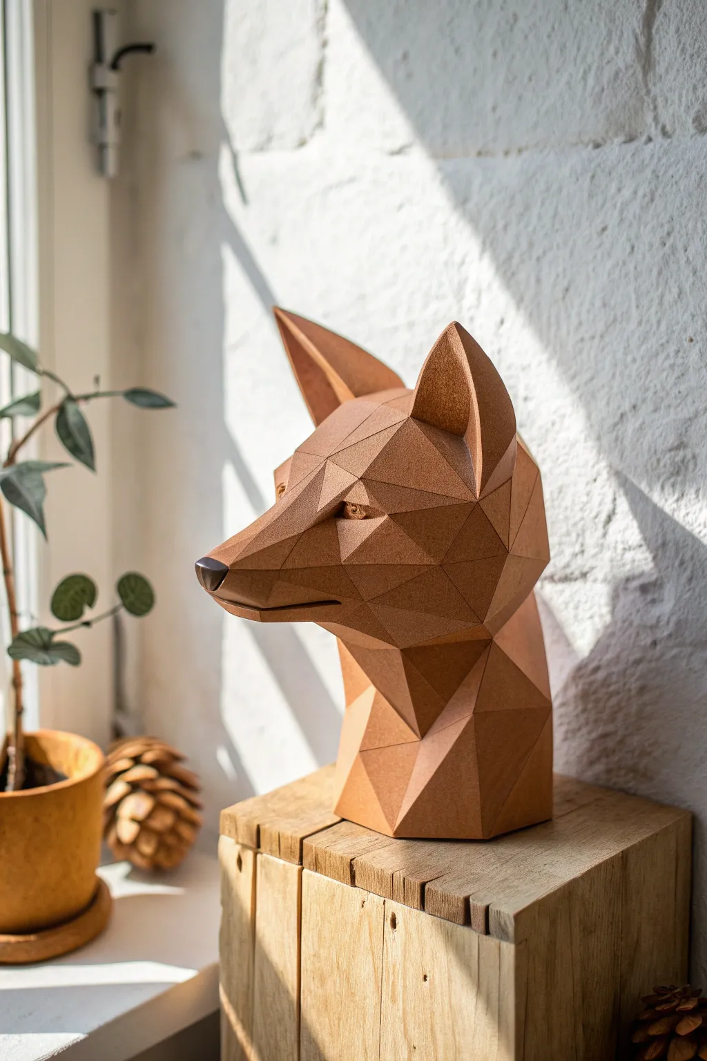 Faceted fox head in matte clay, minimalist Scandinavian styling with a soft boho feel.