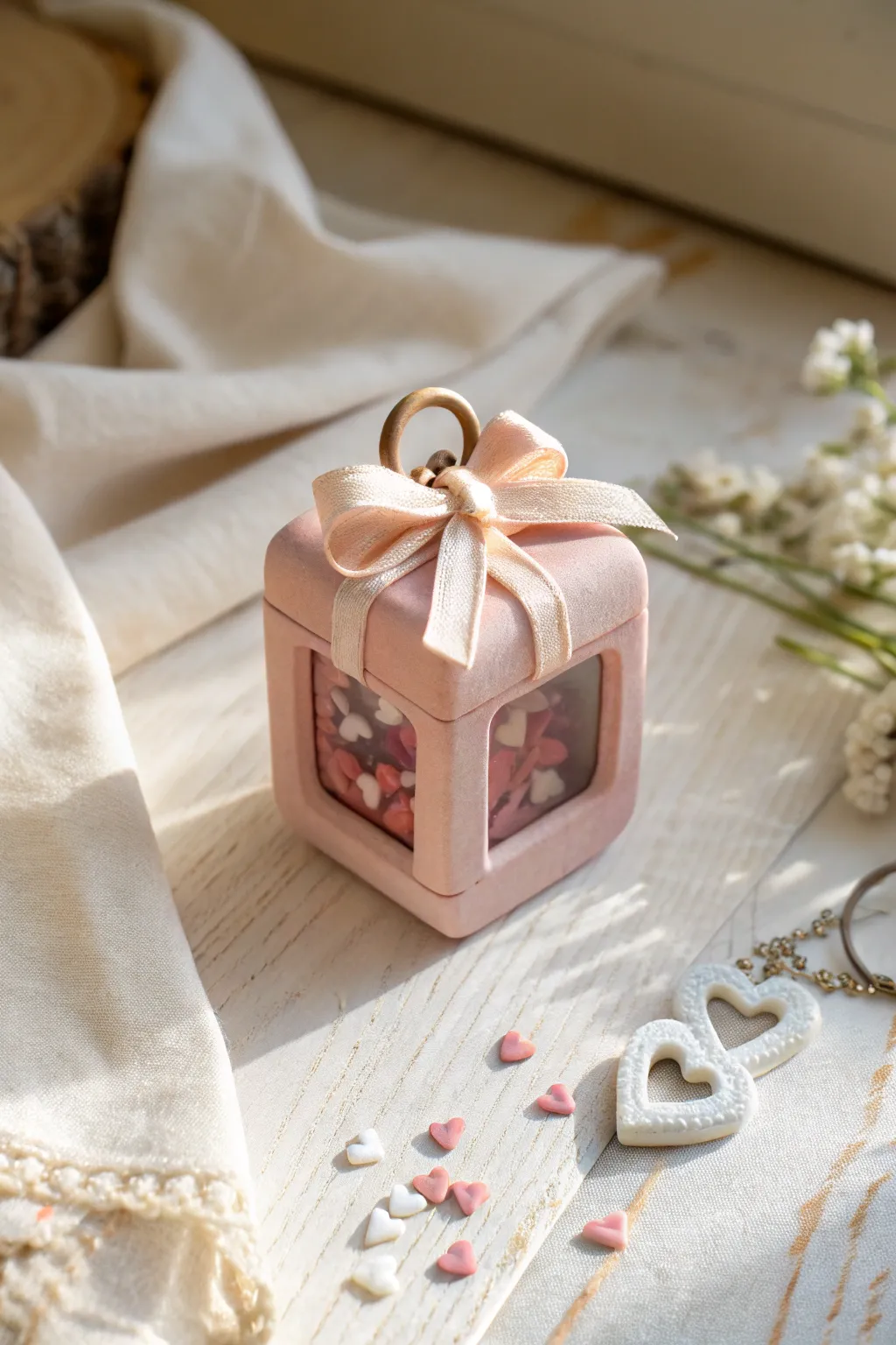 Tiny clay treat box shaker charm with bow, hearts and beads, minimalist boho inspiration