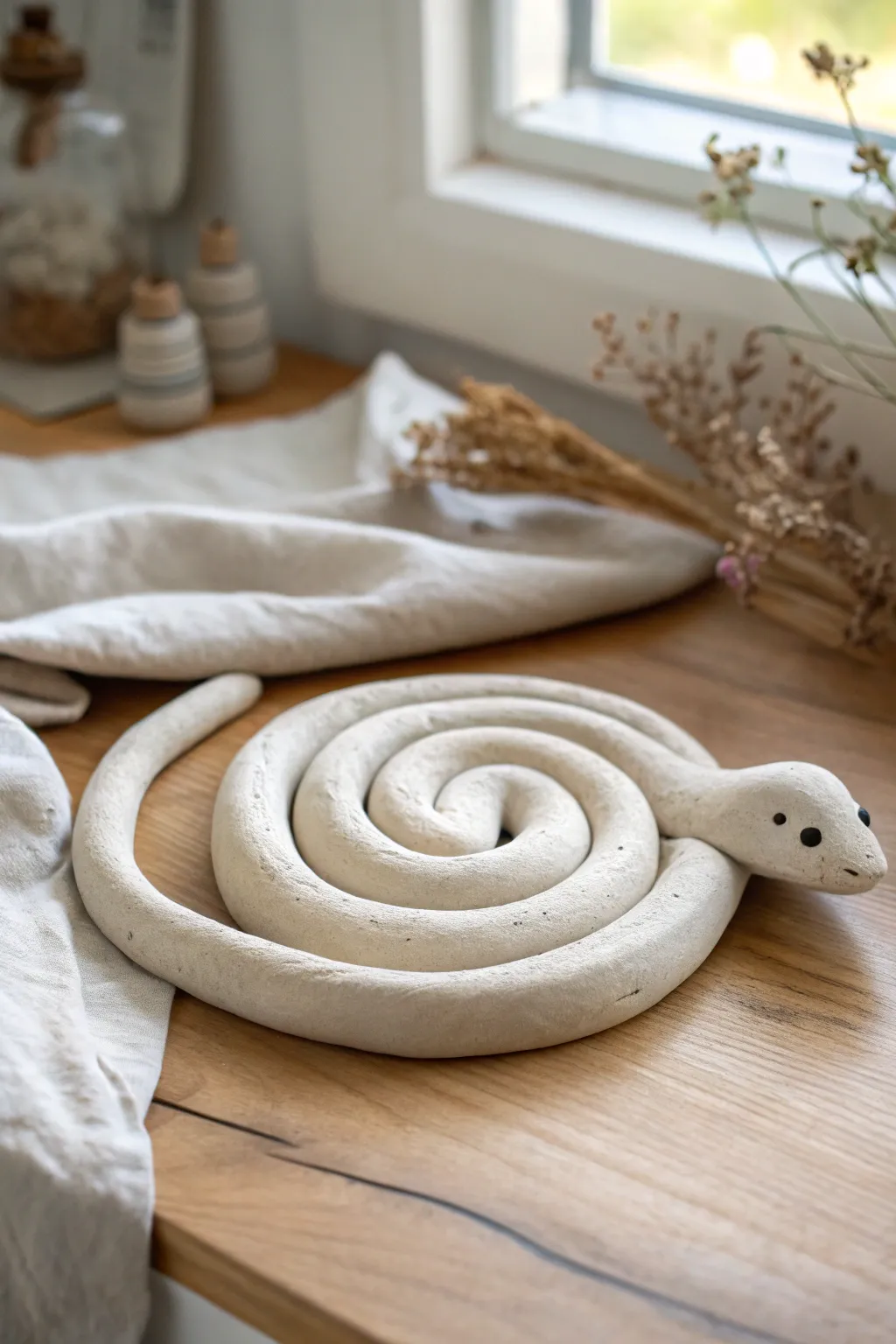 Simple coiled clay snake spiral with tiny eyes, minimal and cute with natural light contrast.