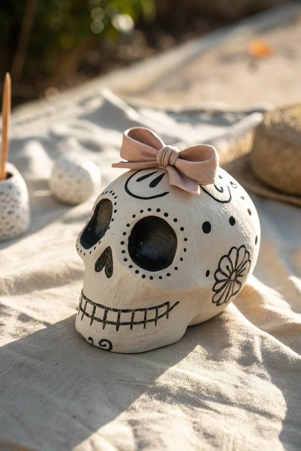 Whimsical clay skull with a tiny bow headpiece, painted dots and swirls in soft boho tones.