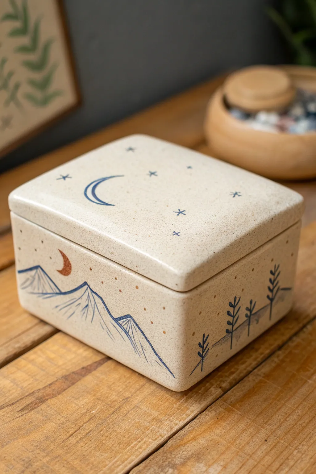 Minimal underglaze story slab box with moon, stars, and tiny mountains in soft earthy tones
