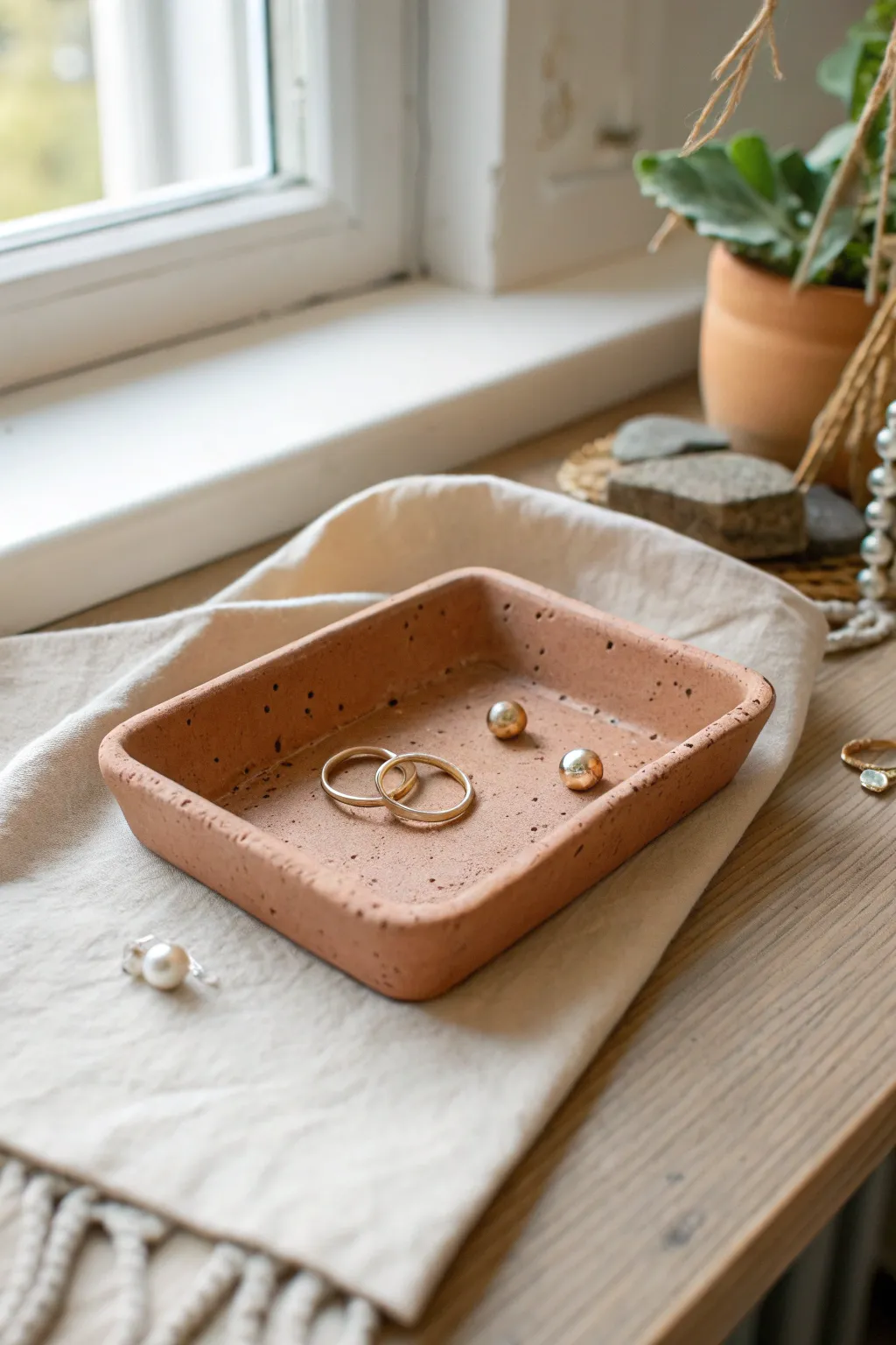 Folded-corner slab jewelry tray in soft terracotta, minimalist boho catchall for daily sparkle