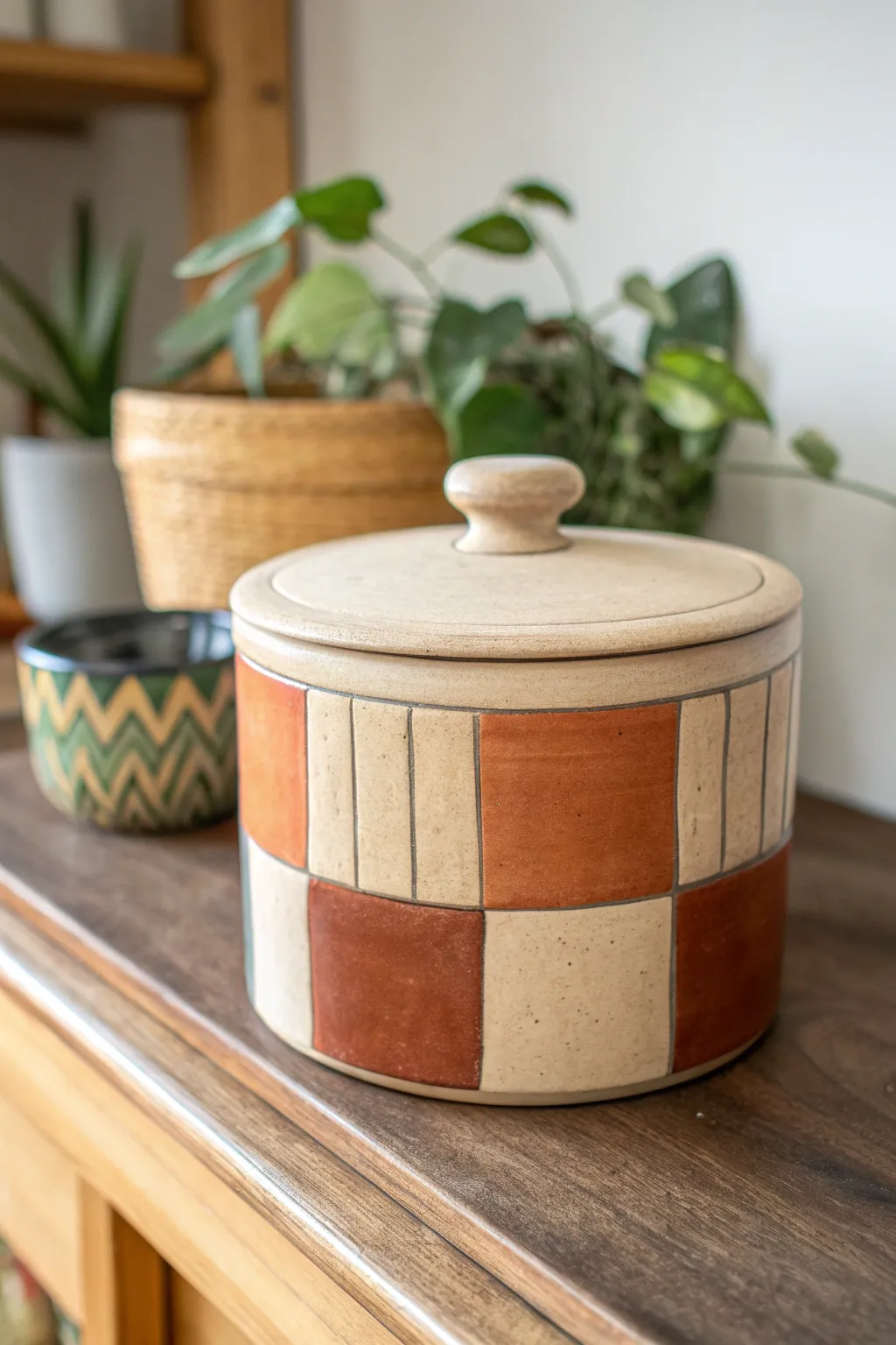 Patchwork slab container with earthy inlays and a crisp lid, minimalist Scandinavian boho vibe