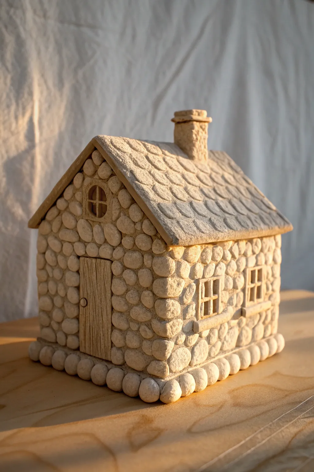 Stone-textured clay slab cottage with a chunky chimney, warm light highlighting every detail