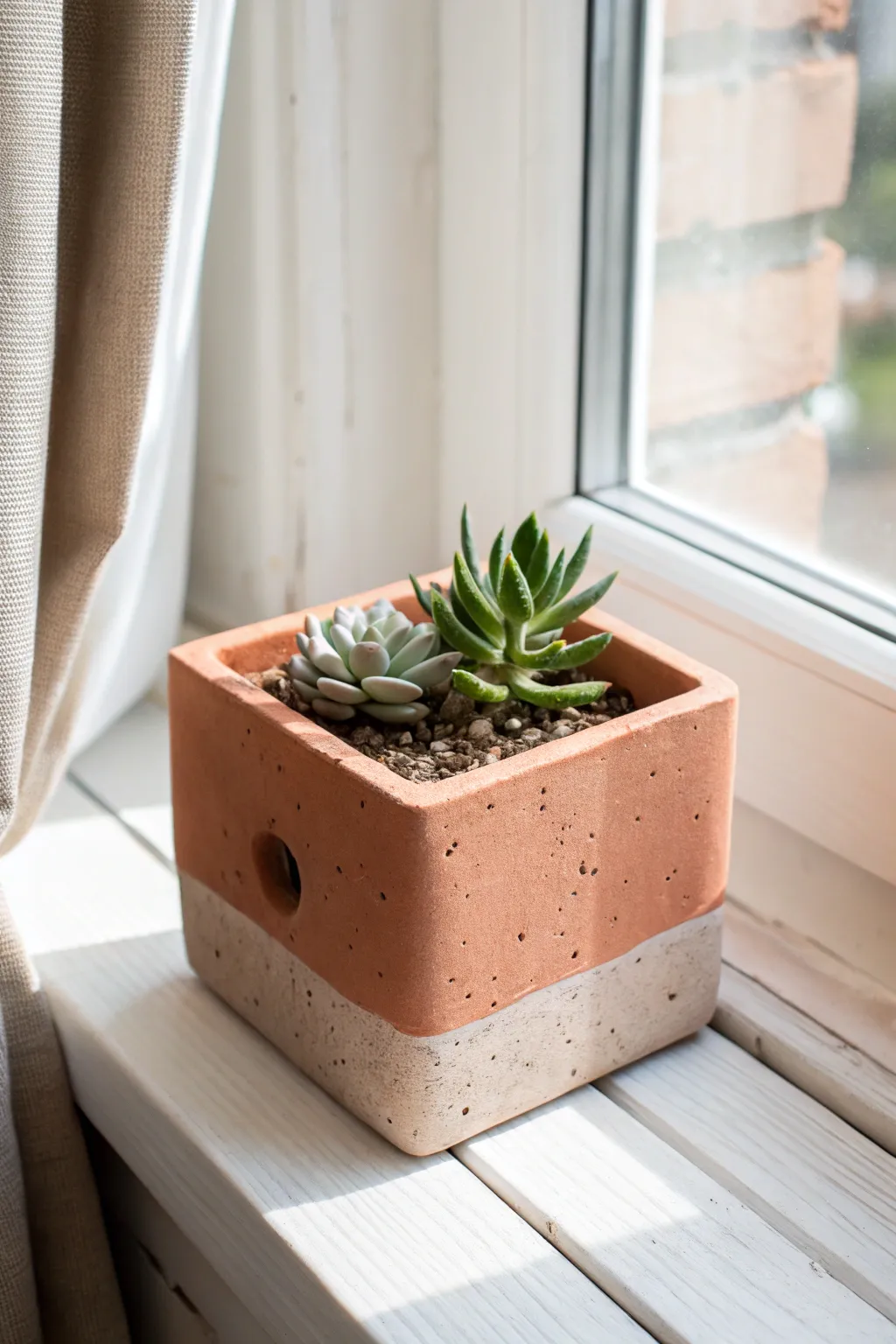 Crisp-corner slab planter with drainage, glowing in window light with a tiny succulent.