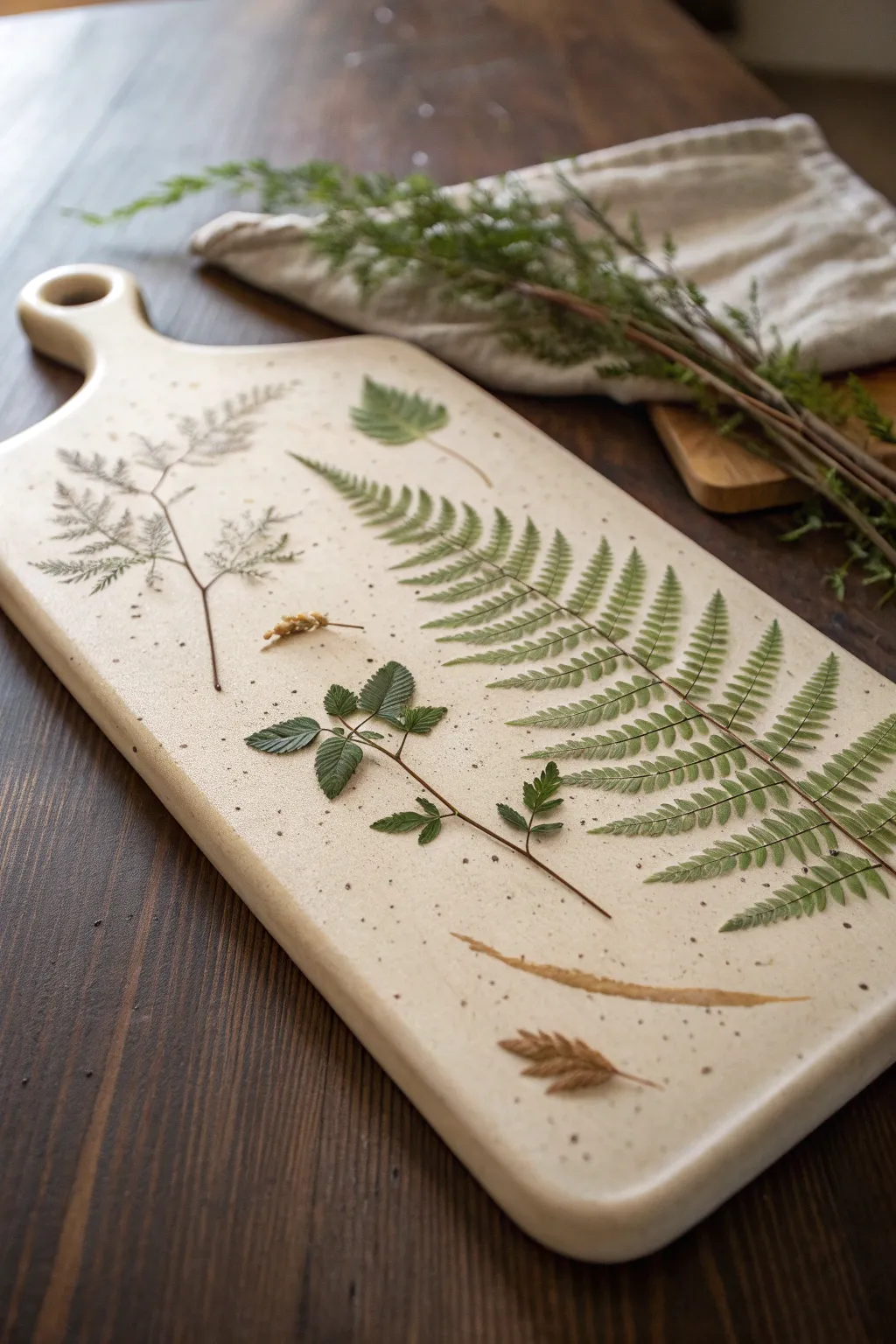Beginner-friendly clay slab serving board with crisp botanical impressions and soft rounded edges.