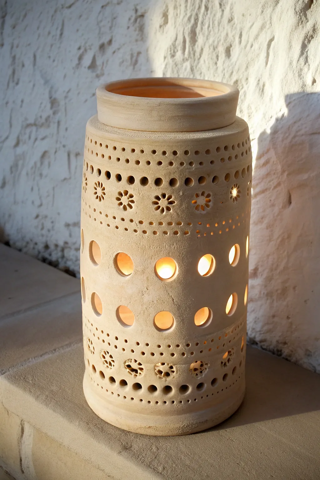Layered clay slab lantern with double walls casting bold, cozy shadows in a minimalist nook.