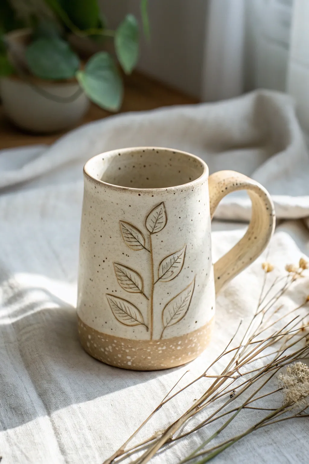 Minimal slab mug with raised leaf appliqué and soft breaking glaze, calm Nordic boho vibes.