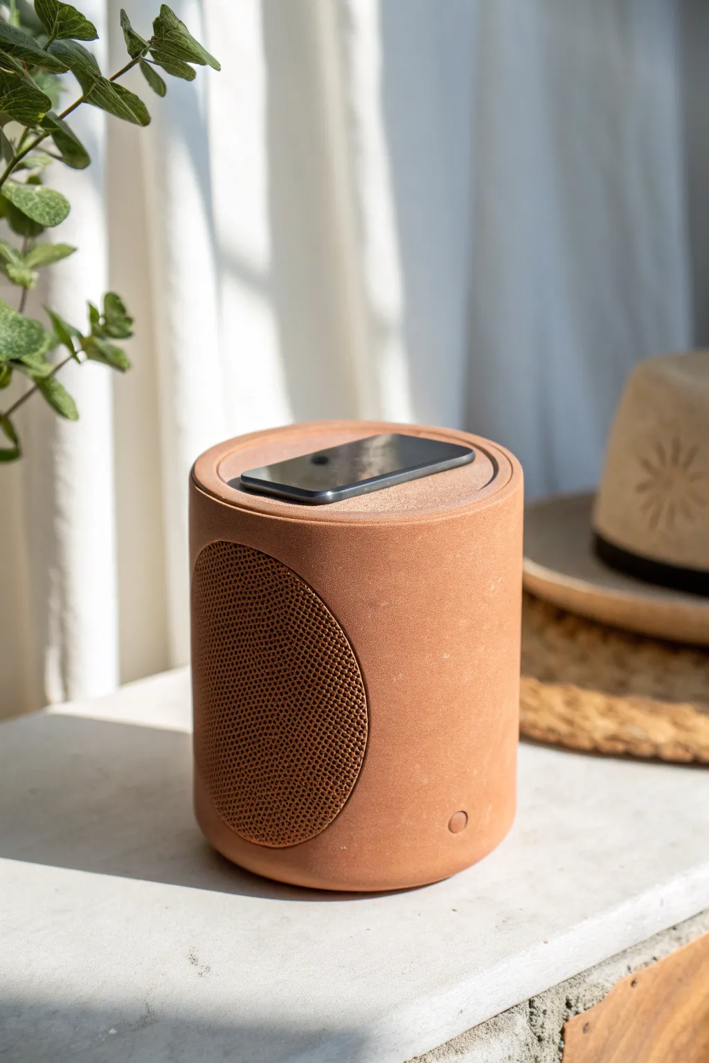 Matte raw-clay speaker with a clean slot top and bold front opening, minimalist boho charm.