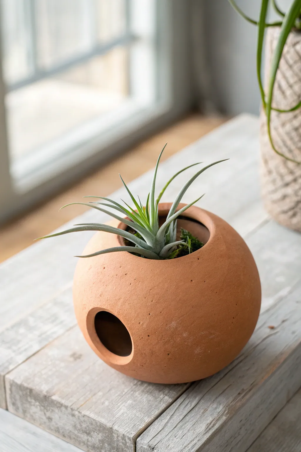 Minimal clay sphere air plant holder with soft shadows, Scandinavian calm and boho warmth