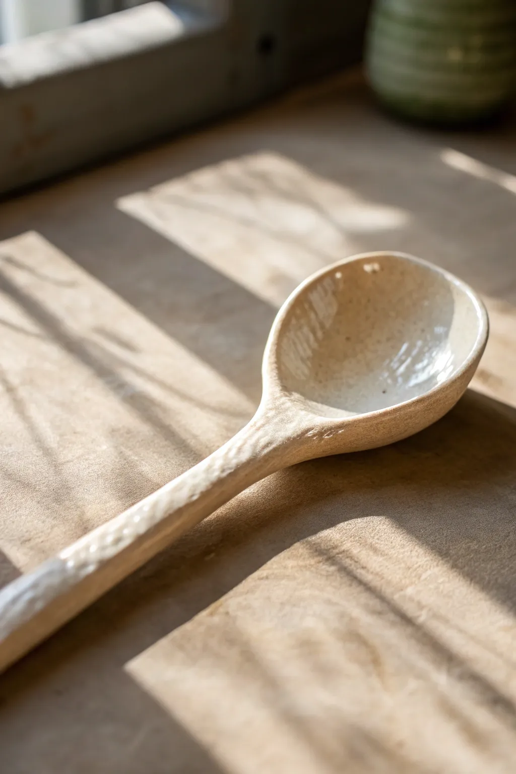 Glossy glazed bowl meets raw terracotta handle for a simple, handcrafted clay spoon contrast.