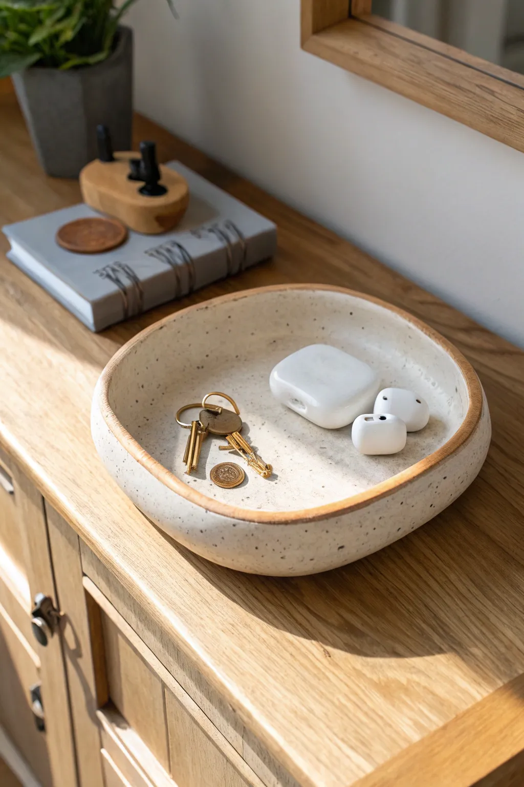 Handmade clay catchall tray by the entryway, keeping keys and coins beautifully in one place.