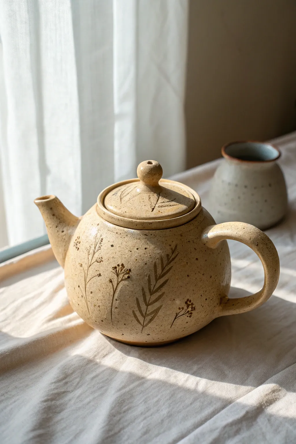 Stamped leaf textures and clear glaze pooling create a calm, botanical teapot statement.