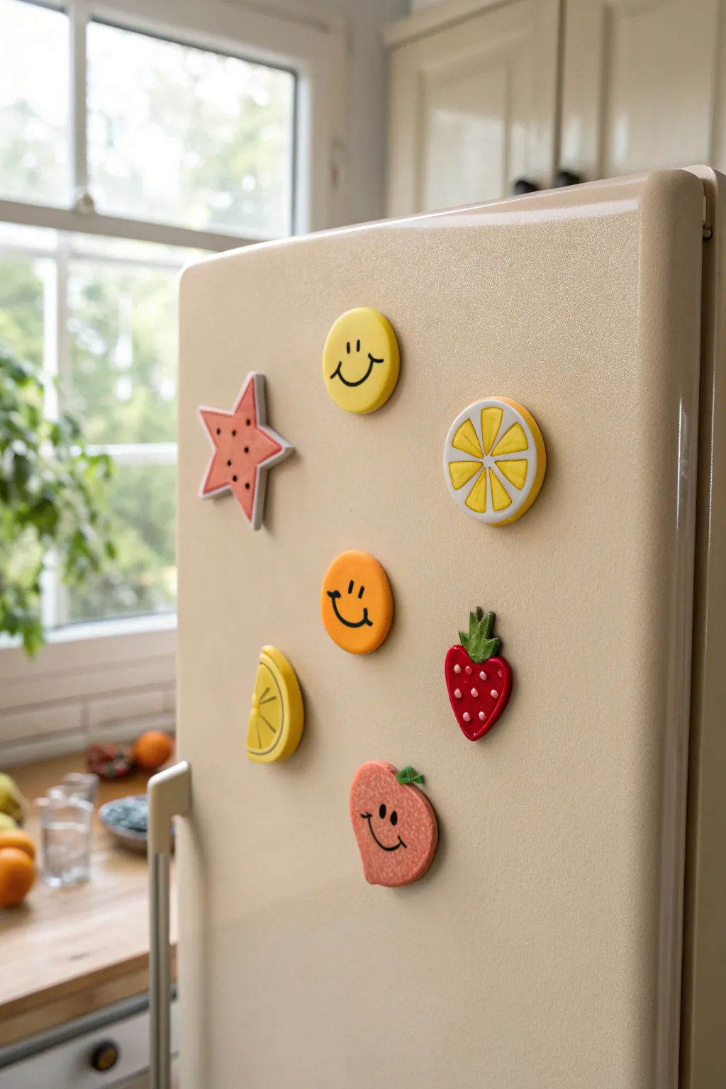 Cheerful handmade clay fridge magnets in bold colors on a neutral door, simple and Scandinavian.