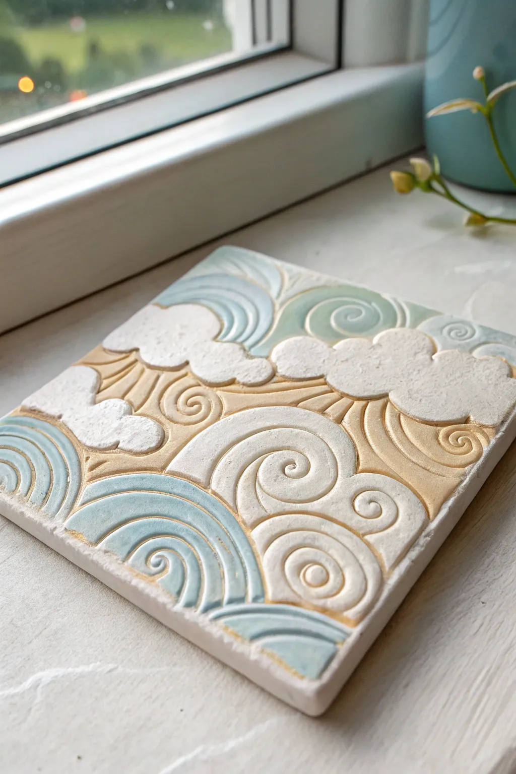 Airy cloud and wind swirl clay tile with soft glaze tones, crisp shadows, and tactile texture