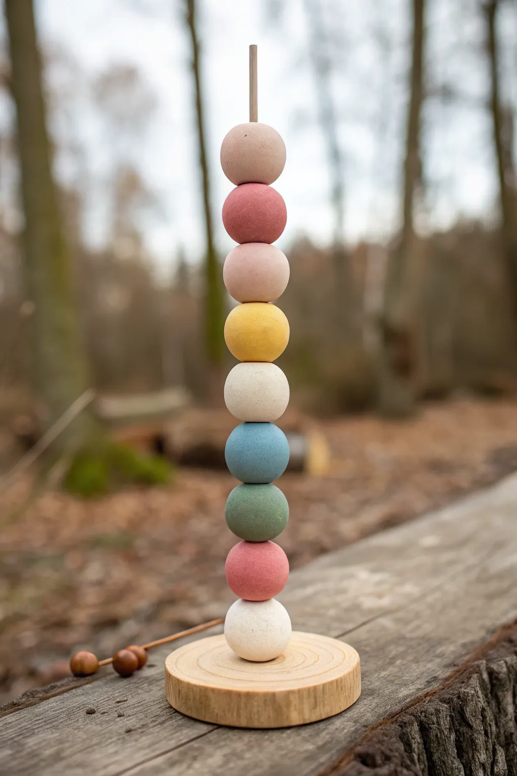 Bold color-blocked clay totem stack pops against soft greenery, minimalist yet joyful.