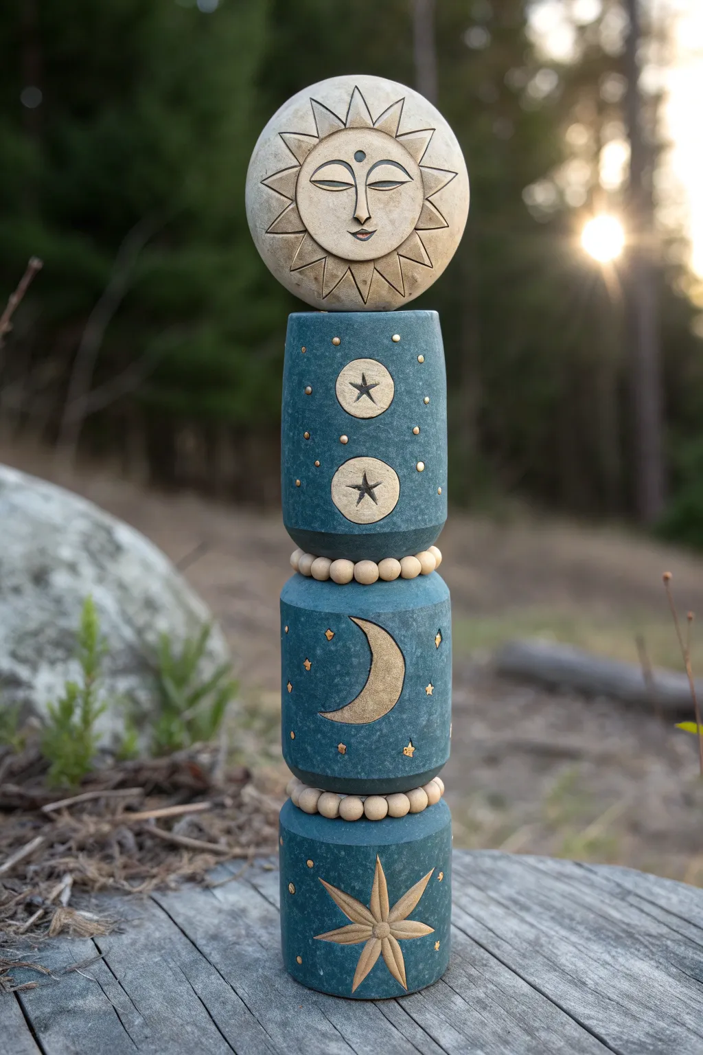 Sun, moon, and stars clay totem stack in night blues with warm gold accents, clean and calm