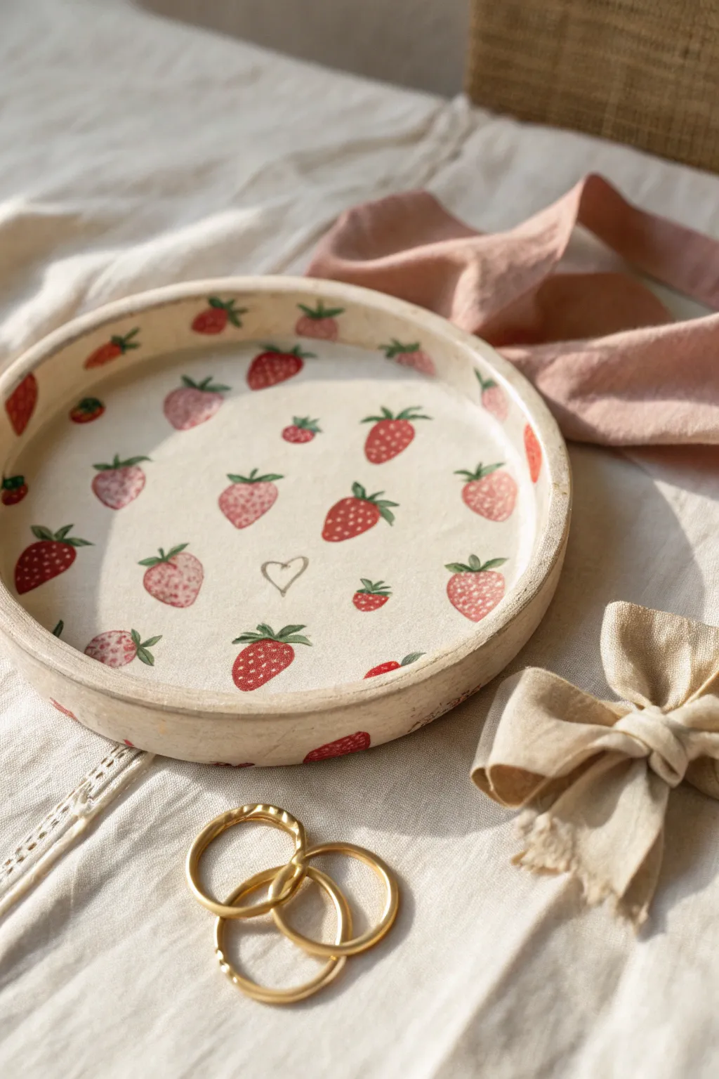 Creamy strawberry cottagecore tray on gingham, sweet and minimal with a handmade charm