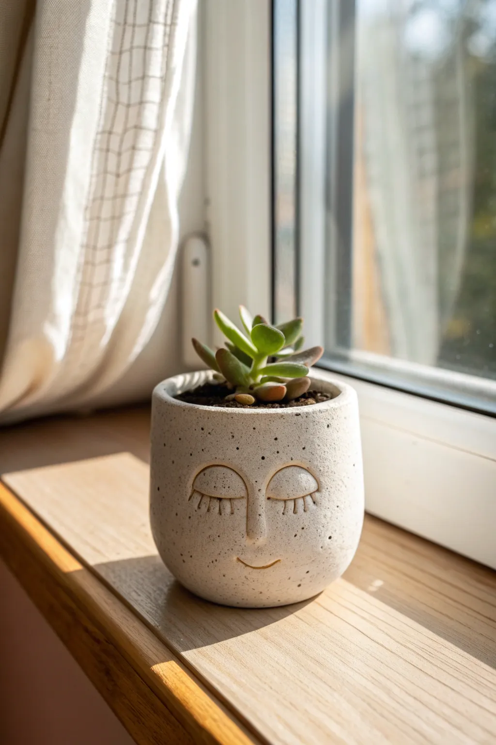 Tiny face planter on a sunny sill, minimalist clay charm with a fresh faux succulent.