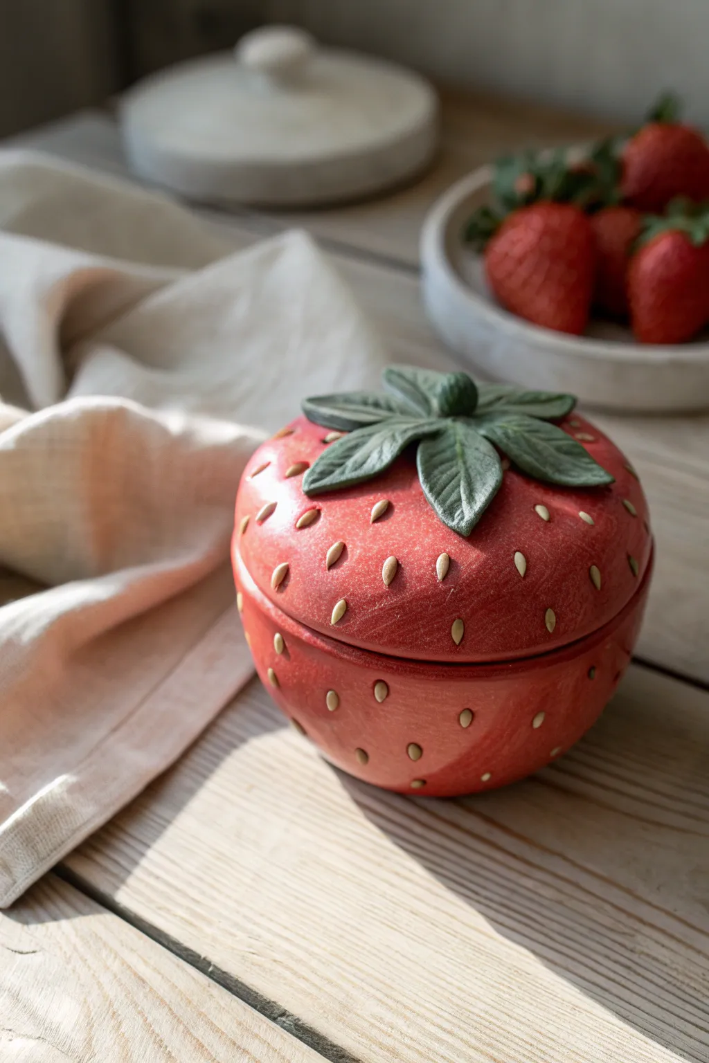 Cute strawberry clay trinket box with leafy lid, a minimal boho accent for tiny treasures.