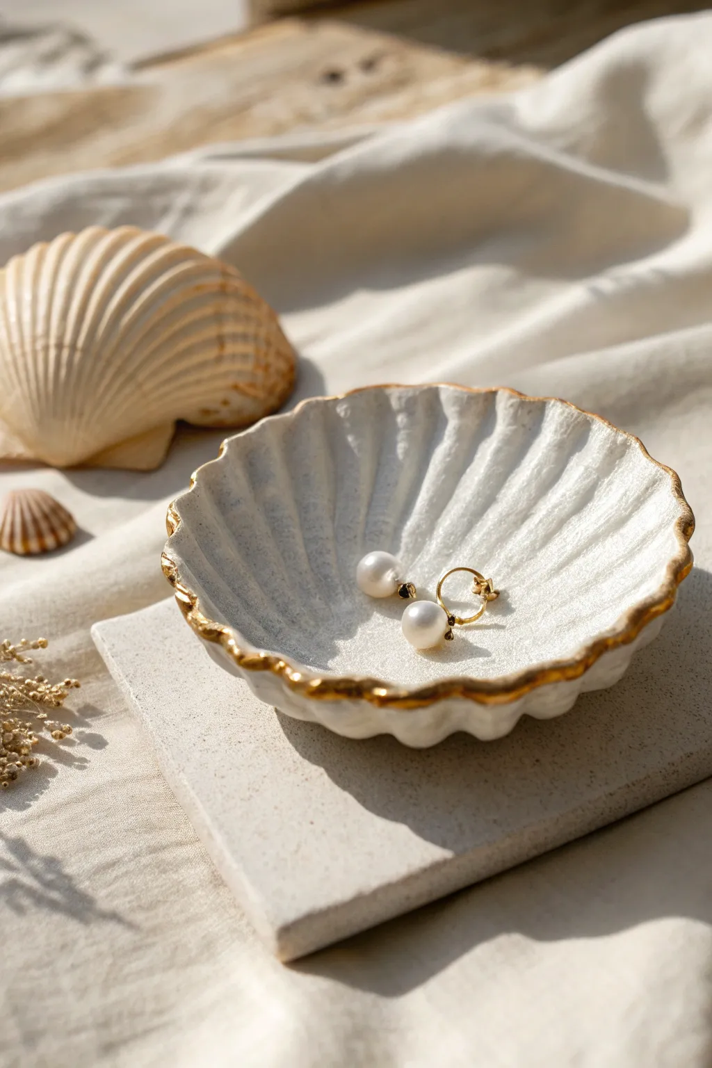 Oyster-inspired ruffled trinket dish in soft white with a hint of gold, perfect for pearls.