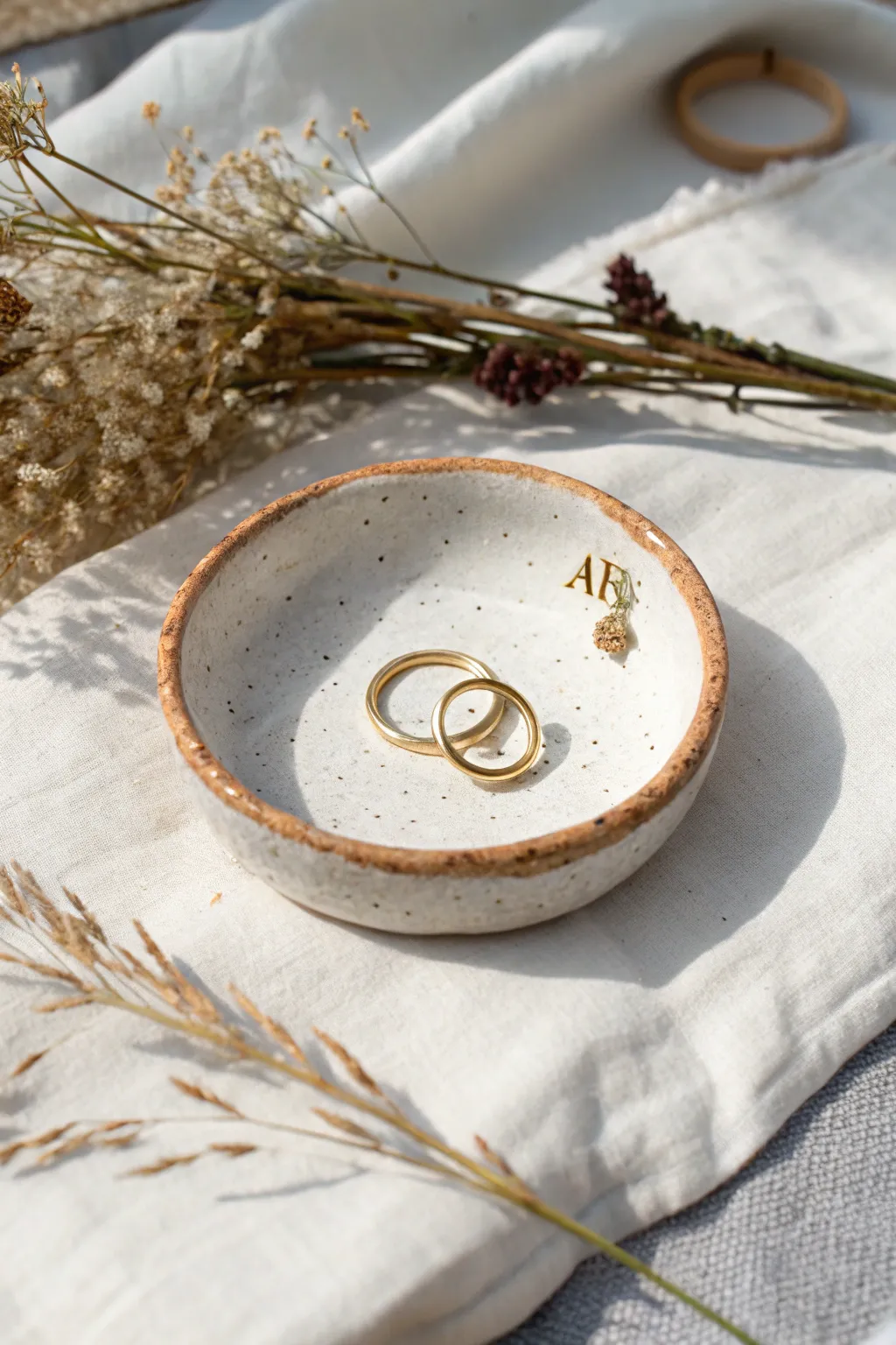 Minimal monogram trinket dish in soft clay tones, perfect for rings and tiny treasures.