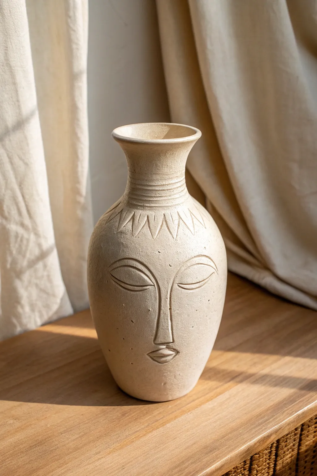 Minimalist clay vase with sculpted lips and nose, softly lit to highlight the 3D details.