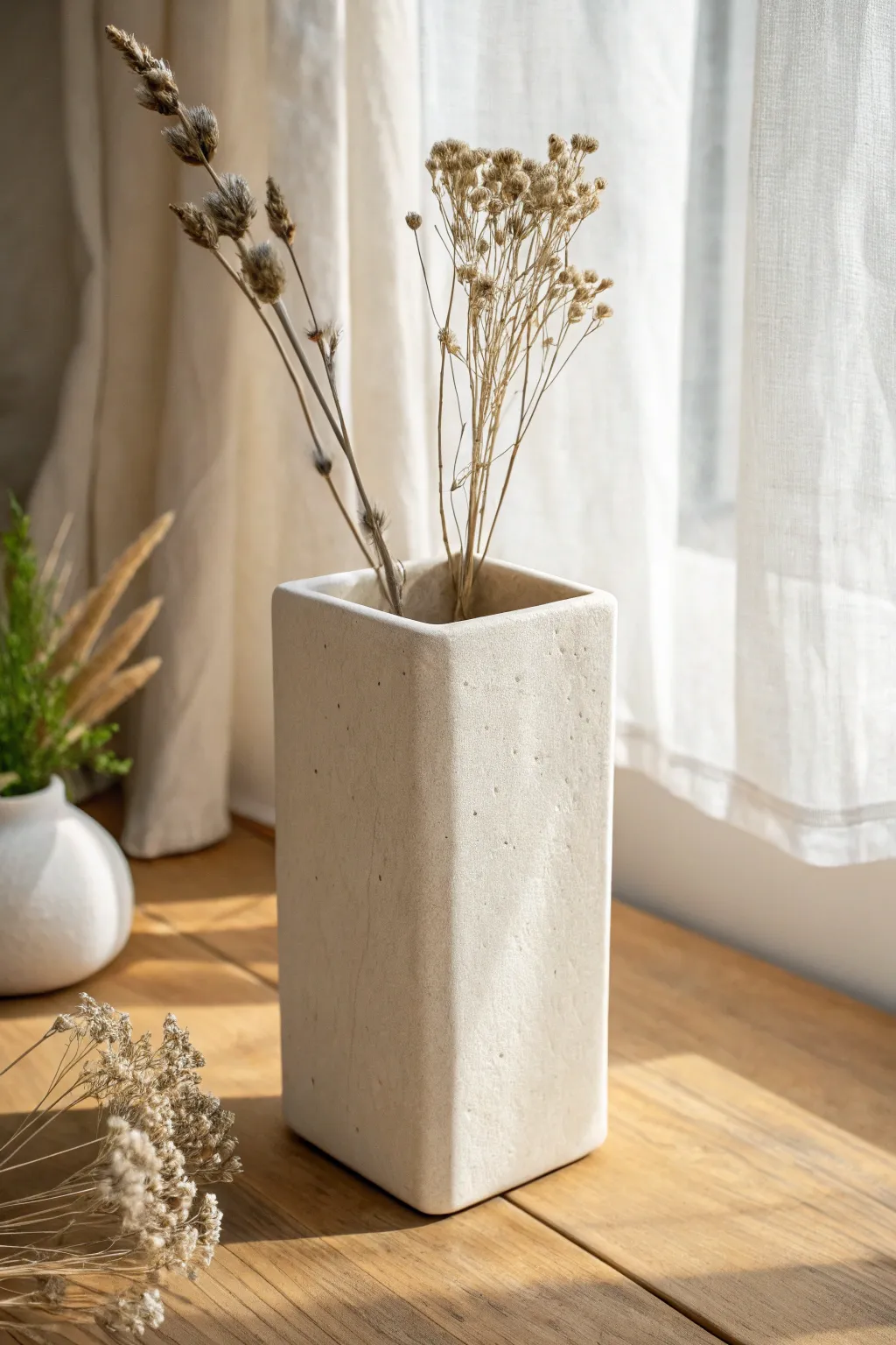 Clean geometric slab-built box vase with dried stems for calm Scandinavian boho styling.