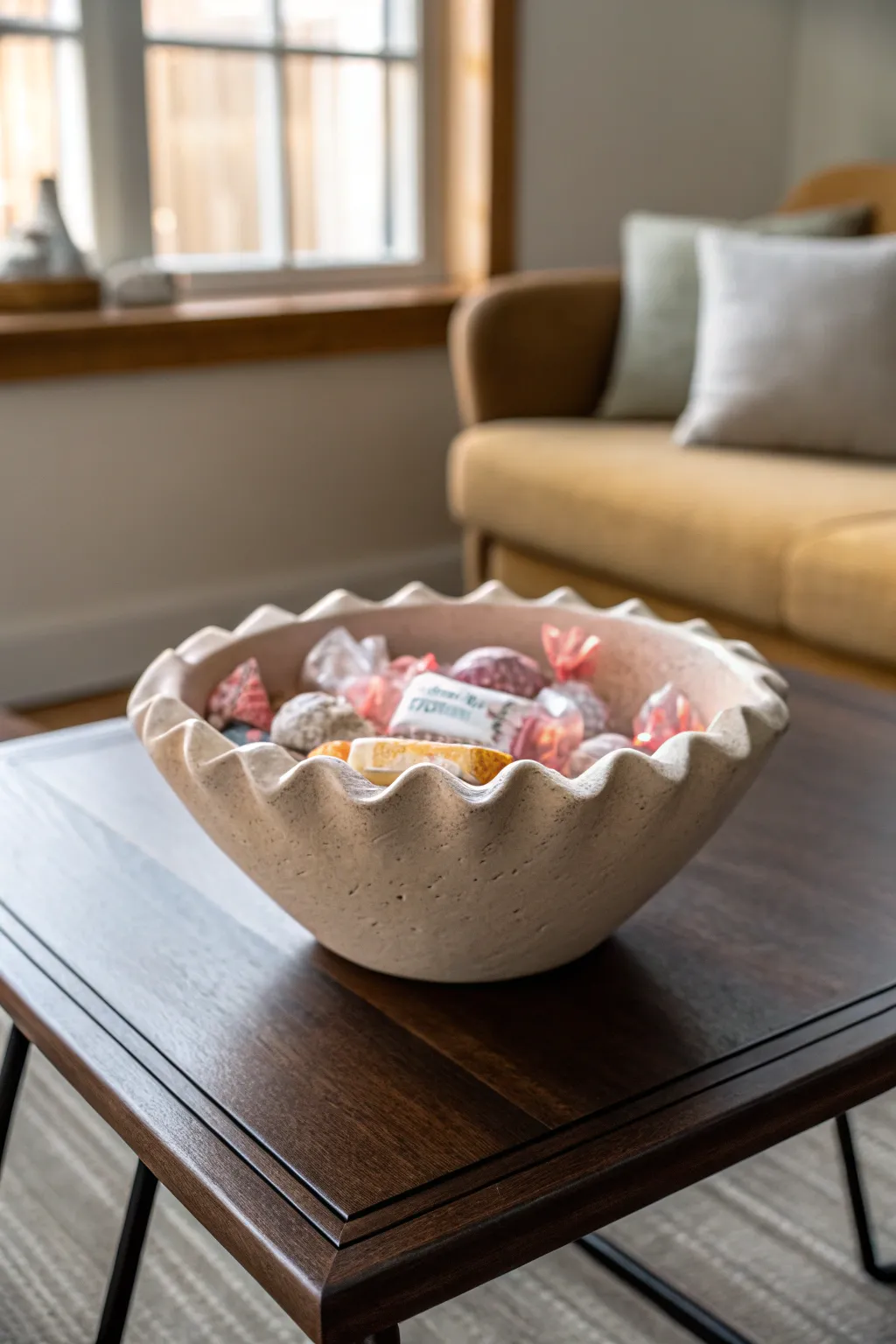 Scalloped-edge clay candy bowl with a wavy rim, a sweet minimalist accent for any table.