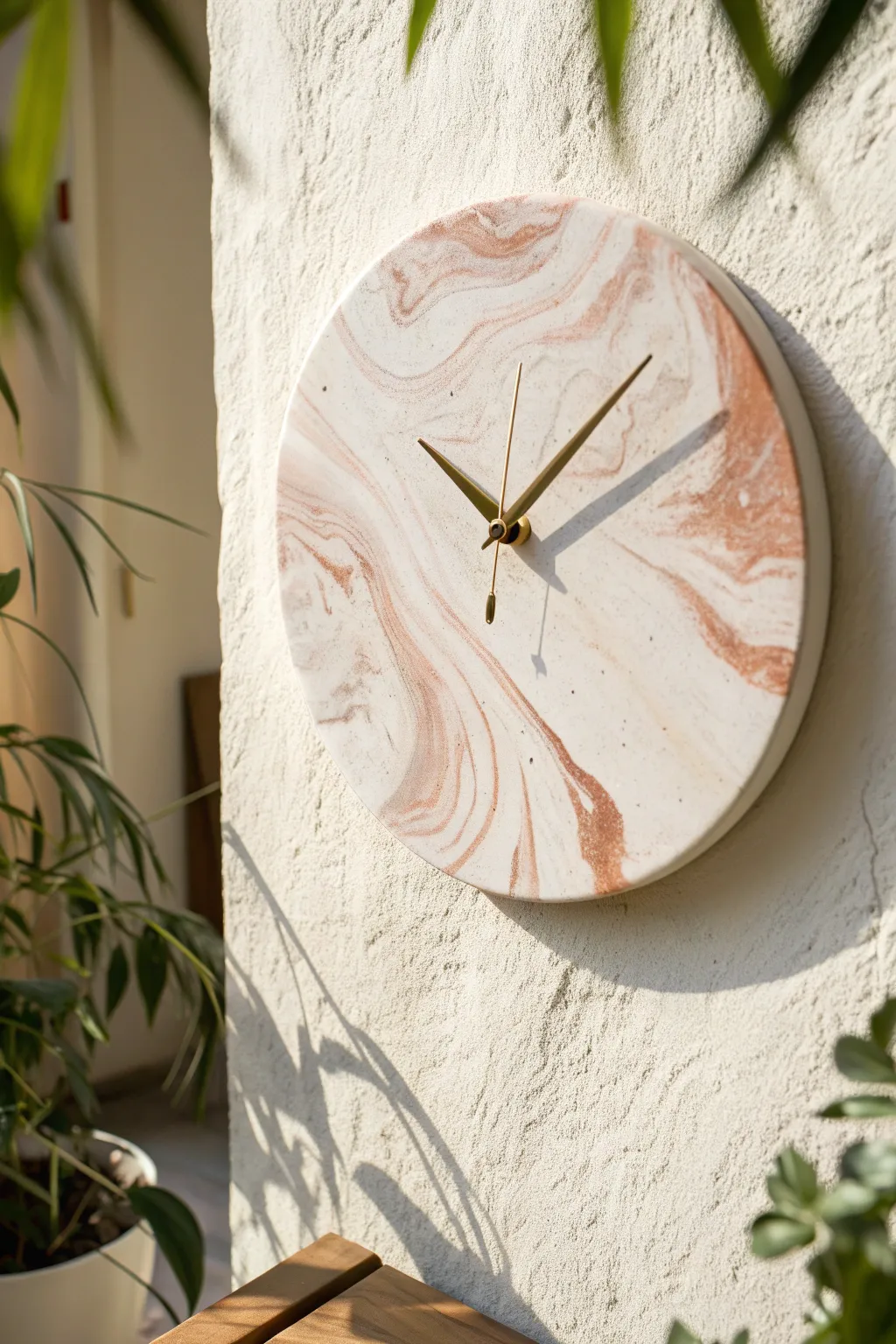 Minimal marbled clay wall clock face in soft blush and terracotta, calm Scandinavian boho style.