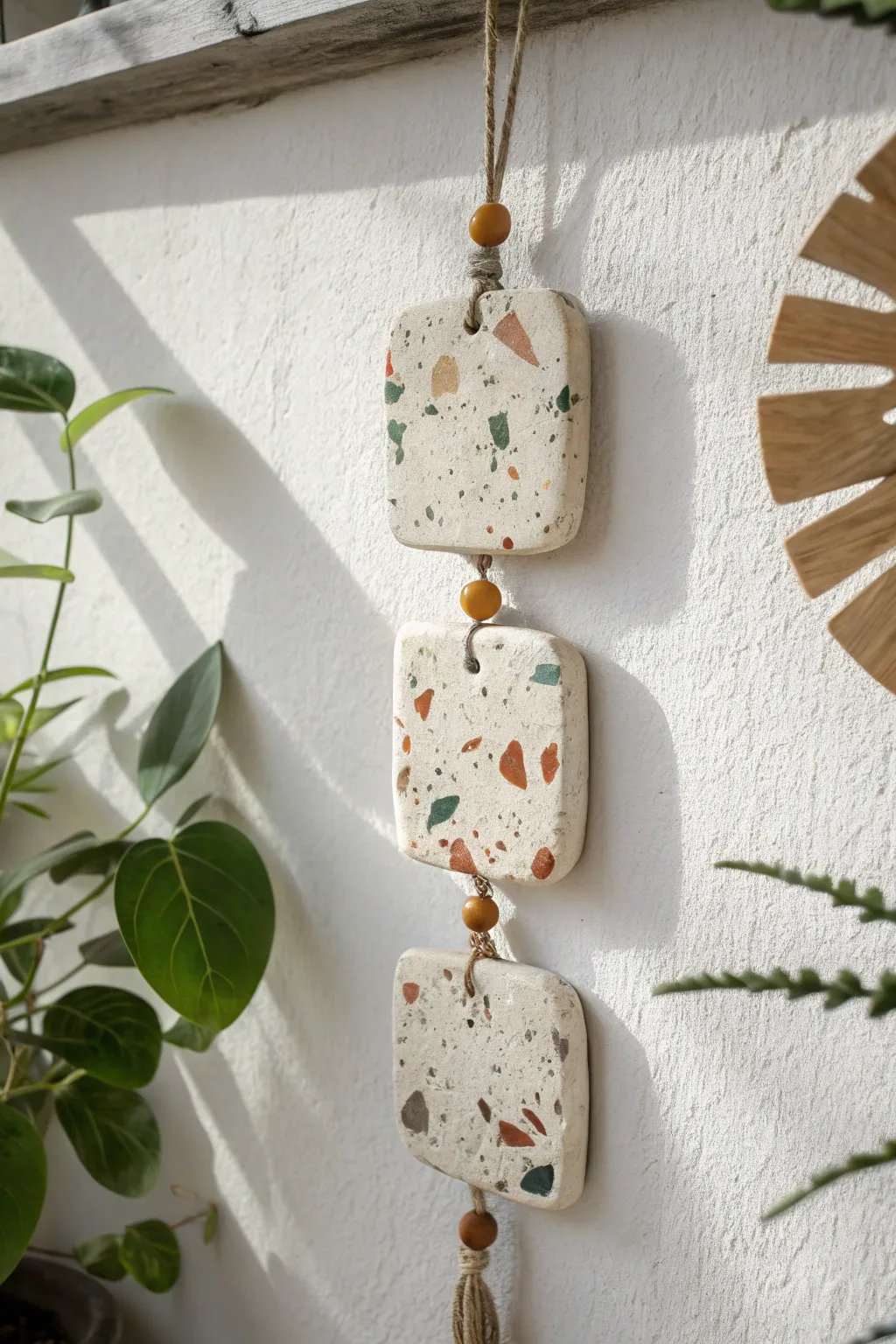 Modern terrazzo clay wall hanging in a simple stacked design, perfect for a calm boho nook.