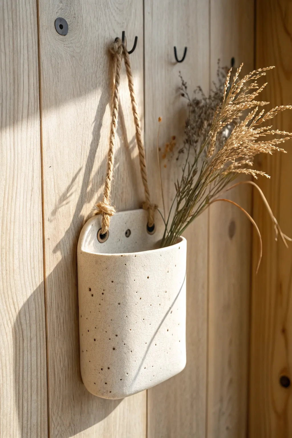 Minimal slab clay wall pocket with jute hanger and dried stems for a cozy boho entryway
